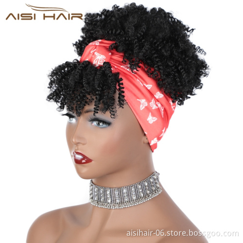Aisi Hair Fluffy Drawstring Heat Resistant Rainbow Headband Kinky Curly Fringe Colorful Fibre Hair Cheap African Synthetic Wig